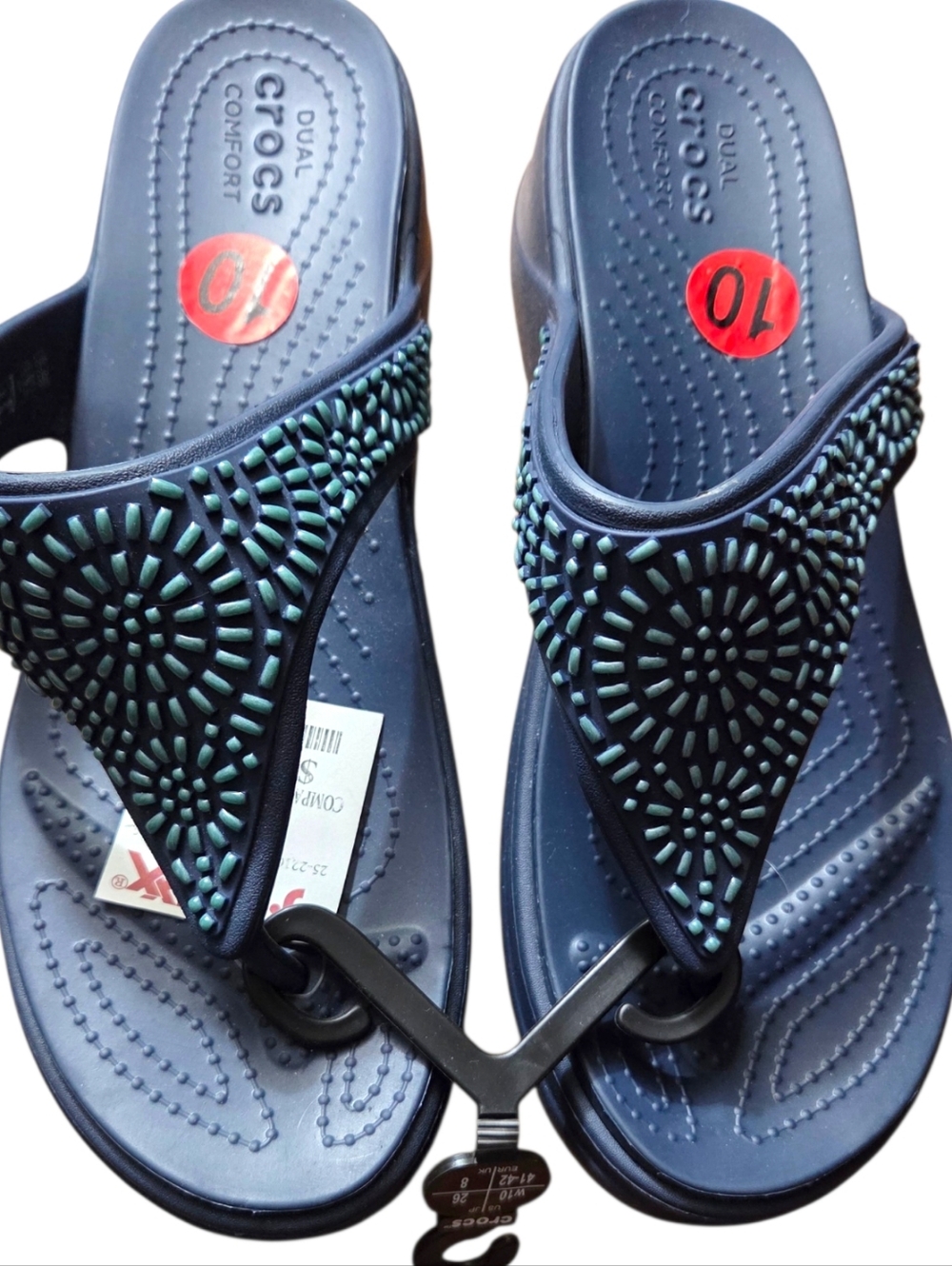 CROCS Navy Jeweled Wedge Flip Flops - Picture 5 of 5